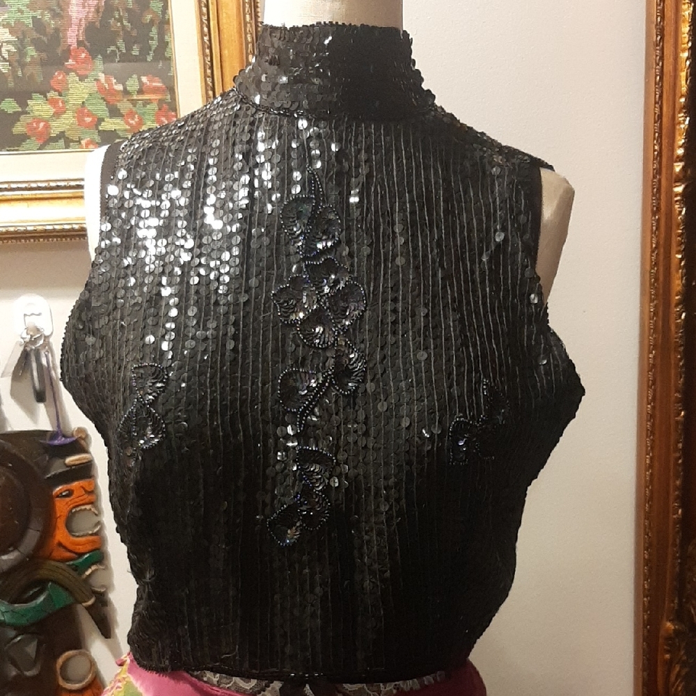 100% Silk Jasmine Black Sequin Crop Top